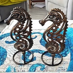 Set of Two Brass Seahorse Ball Candle Holders Made in Indonesia 9.5" x 3.5"